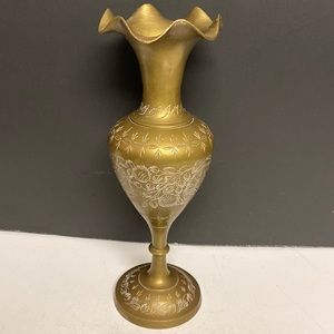 Brass Round Upright Vase Floral Etching’s India Table Top 10”H
